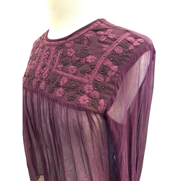 Free People Women's Sheer Femme Embroidered Retro Blouse Purple S Sexy Boho - Picture 8 of 8